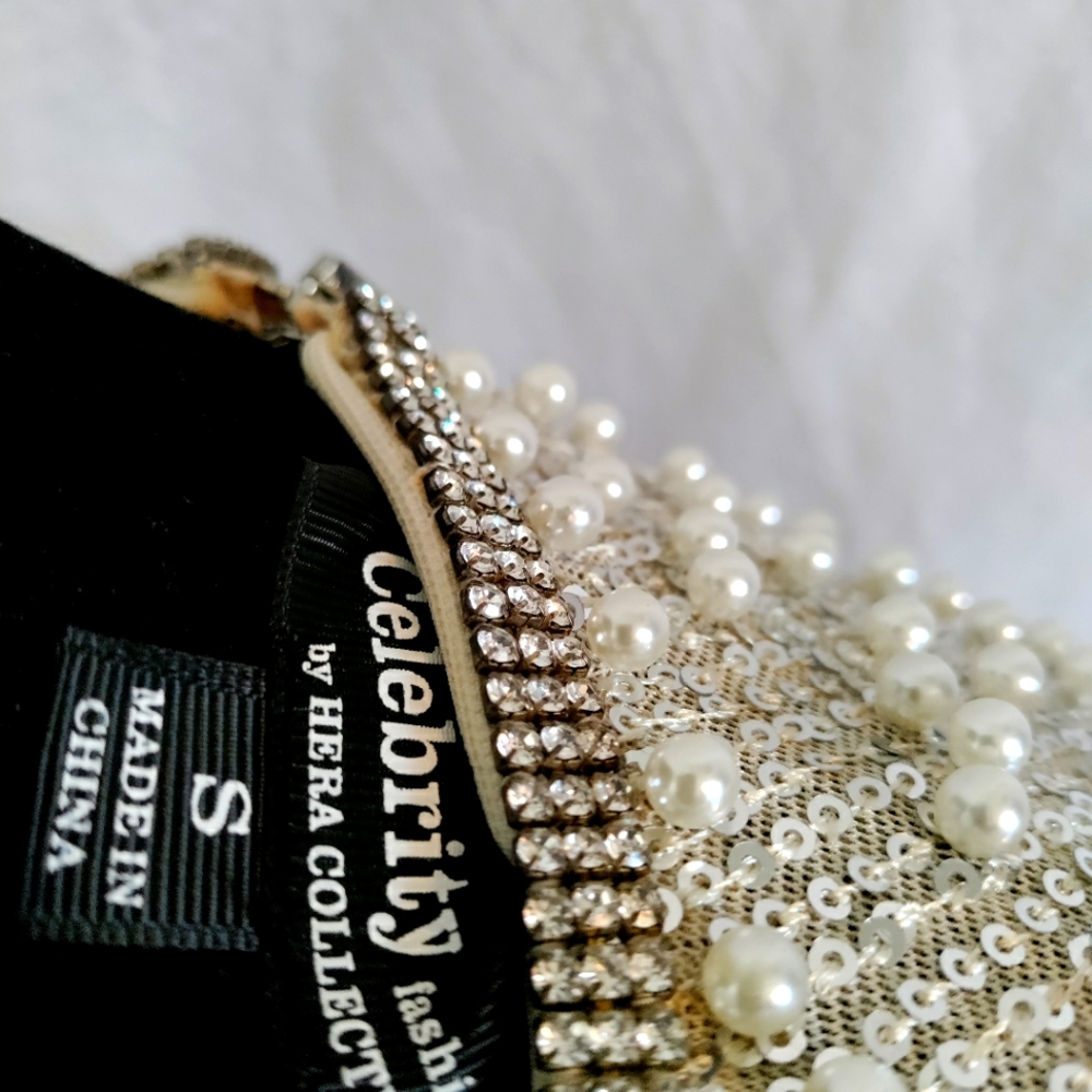 Y2K Prom/Wedding Pearl Rhinestones Hera Collection Cream V Neck Dress 31 Length.